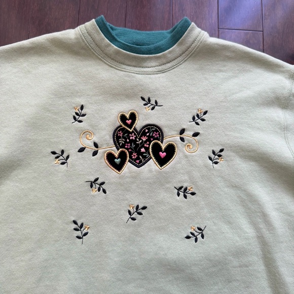 Vintage Morning Sun Top Stitch Women's Sweater Size M Green Embroidered Heart - Picture 3 of 7